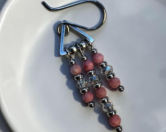 Chandelier Dangle Earrings Natural Pink Rhodonite and Sparkly Crystal minimalist