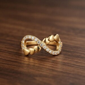 Op de afbeelding: Een gouden ring met een oneindigheidssymbool. De ene kant van de oneindigheidslus is ingelegd met kleine, heldere, rondgeslepen steentjes, terwijl de andere kant is versierd met drie gladde, gepolijste gouden hartvormen in de ring.