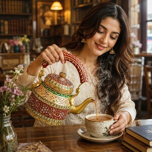 May include: A decorative metal teapot featuring a deep red and gold base with intricate floral patterns and small white embellishments. The teapot has a curved gold spout, a matching red and gold handle, and a lid, pouring hot tea into a ceramic cup.