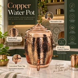 Hamrad kopparvattenkanna | Kopparvattendispenser | Stor kopparmatka | Indisk vattenkanna | Traditionell köksinredning | 8L och 12L