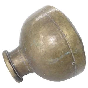 May include: A brass vessel with a rounded body and a narrow, flared neck. The metal surface displays a dull, weathered patina with visible signs of oxidation and wear, featuring a distinct horizontal seam running around the center of the bowl.