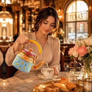 May include: A decorative metal teapot featuring a light blue base with a yellow and orange floral pattern, a yellow handle, and a matching lid. The teapot is pouring liquid into a white teacup with a gold rim, set on a matching saucer.