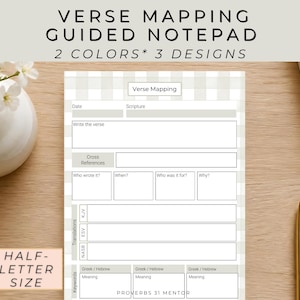 May include: A white and light gray checkered verse mapping guided notepad with sections for date, scripture, cross references, who wrote it, when, who was it for, why, translations including KJV, ESV, NASB, and Greek or Hebrew keywords.