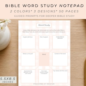 May include: A white and light pink plaid Bible word study notepad with 50 pages. The page features a central box for a word, surrounded by sections for English definition, part of speech, Greek/Hebrew definition, context, and verse references.