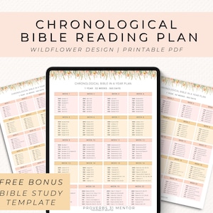 Könnte beinhalten: Ein chronologischer Bibelleseplan als druckbares PDF mit einem Wildblumen-Design am oberen Rand. Das Dokument enthält einen 52-Wochen-Plan mit täglichen Bibelstellen, die in einem Raster mit sanften Pfirsich- und Gelbtönen angeordnet sind.