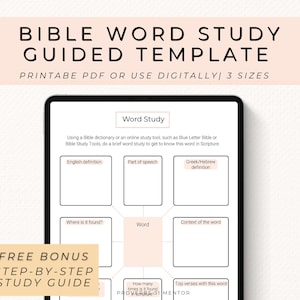 May include: A digital Bible word study guided template displayed on a tablet screen. The template features a central box for a word, surrounded by sections for English definition, part of speech, Greek/Hebrew definition, context, and verse references.