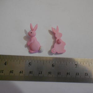 May include: Two small pink bunny figurines with white fluffy tails. The bunnies are next to a ruler, which measures in inches. One bunny is facing forward, and the other is a silhouette.