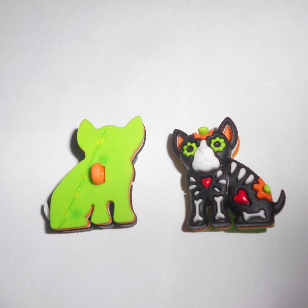 Novelty Button - DAY of the DEAD - DOG (green eyes)  1 1/8"