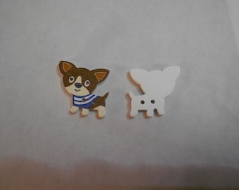 Wooden Novelty Button - CHIHUAHUA IN SWEATER - brown w/blue stripes  1"