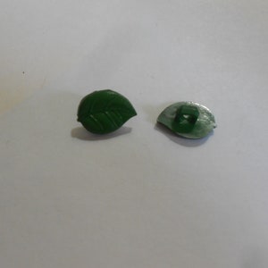 May include: Two green leaf-shaped buttons with a metal back. The front of the button has a raised leaf design.