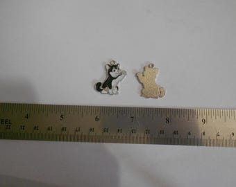Könnte beinhalten: Zwei Hundeanhänger aus Metall. Ein Anhänger ist ein schwarz-weiß-grauer Husky-Hund. Der andere Anhänger ist ein goldfarbener Hund. Ein Metalllineal befindet sich im Vordergrund, mit Messungen in Zentimetern.