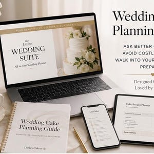 May include: A laptop, tablet, and smartphone displaying a Wedding Cake Planning Guide, alongside a physical spiral-bound notebook titled Wedding Cake Planning Guide. The screen text reads The Divine Wedding Suite, All-in-One Wedding Planner.