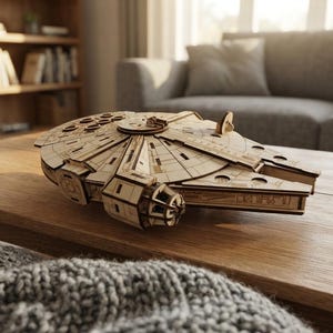 Fichier de découpe laser du Faucon Millenium, puzzle 3D en bois SVG, plan de maquette de vaisseau spatial, fichier Lightburn LBRN2, patron de découpe laser de vaisseau spatial, artisanat en bois