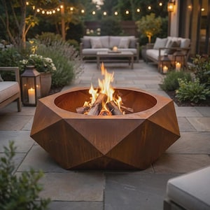 Peut inclure: Un brasero en métal de couleur rouille avec un design extérieur géométrique à facettes et à plusieurs côtés. Le centre du brasero contient des bûches en feu avec des flammes orange vif, diffusant de la lumière sur une terrasse en pierre.