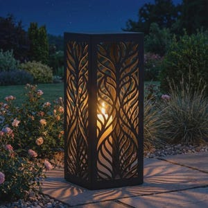 Può includere: Una lanterna alta e rettangolare in metallo nero con intricati motivi a foglia tagliati al laser sui lati. Una candela a colonna dalla luce calda è posizionata all'interno, proiettando una luce soffusa e ombre sul patio in pietra.