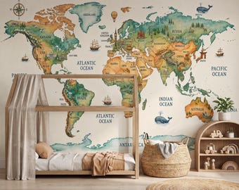 Watercolor Vintage World Map Wallpaper, Nursery Wall Mural for Kids, Educational Playroom Decor, Neutral Travel Theme Wall Art