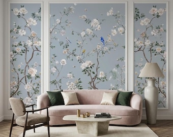 Chinoiserie Floral Wallpaper Mural with White Roses and Blue Birds, Vintage Botanical Wall Decor, Elegant French Country Home Aesthetic