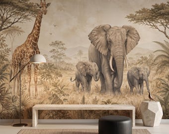 Vintage Safari Animals Wallpaper Mural, Elephant Nursery Decor, Jungle Scene Wall Art, Sepia Safari Theme