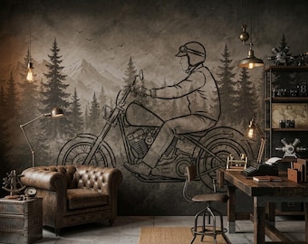 Sketch Charcoal Motorcycle Mural Peel and Stick Wallpaper, Biker Forest Wall Mural, Rustic Adventure Home Decor, Large Scale Art