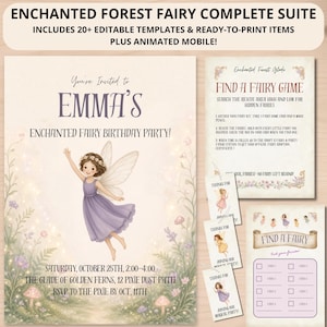 Könnte beinhalten: Ein digitales Einladungsset mit dem Titel Enchanted Forest Fairy Complete Suite, das eine Fee in einem violetten Kleid, Details zu Emmas Geburtstag, eine Find A Fairy-Spielkarte, Dankeskarten und eine Checkliste mit Feen-Illustrationen zeigt.