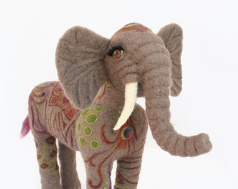 Elephant with Abstract Animal Patterns Needle Felted Wool Sculpture