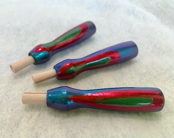 Jewel Tones! Hand-Painted Lacquer Wooden Felting Needle Holder Handle with Felting Needle Sapphire Blue Ruby Red and Emerald Green