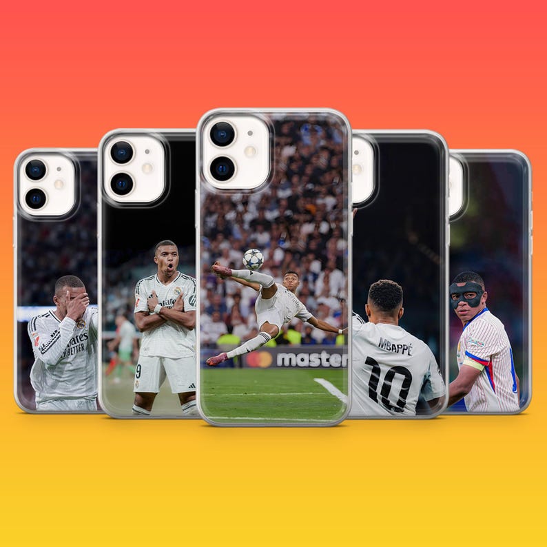May include: Five clear phone cases featuring photographic prints of a football player in a white jersey. The designs show the athlete in various poses, including a bicycle kick, standing with arms crossed, and wearing a black protective face mask.