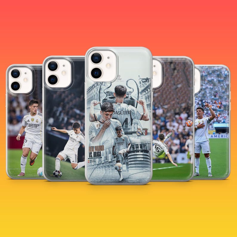 May include: Five clear smartphone cases featuring Real Madrid soccer players in white uniforms. The center case displays a collage of a player, the Champions League trophy, and text reading Real Madrid vs. Braga with match details in a gray tone.