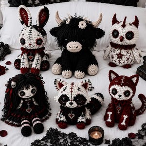 May include: A collection of six handmade crochet plush toys including a rabbit, a horned creature, an owl, a doll with black hair, a raccoon, and a cat. Each plush features intricate stitching, button eyes, and dark red, black, and white yarn.