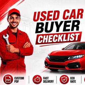 Op de afbeelding: Een digitale gids getiteld USED CAR BUYER CHECKLIST met een rode auto, een monteur in een rood uniform met een moersleutel en een spiraalgebonden PDF-document. Iconen geven opties aan voor aangepaste PDF, snelle levering en digitale download.