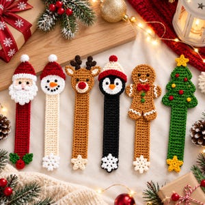 May include: Six crochet bookmarks featuring holiday characters: a Santa Claus, a snowman, a reindeer, a penguin, a gingerbread person, and a Christmas tree. Each bookmark has a long, flat body and a decorative topper with a matching base accent.