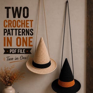 May include: Two crochet hats hanging on a wall. One hat is beige with a black band, and the other is black with an orange band. Text on the wall reads: TWO CROCHET PATTERNS IN ONE PDF FILE Two in One!