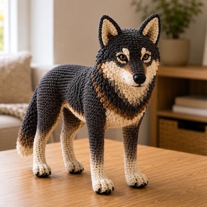 Könnte beinhalten: Eine handgefertigte Häkelfigur eines Wolfes mit einem strukturierten dunkelgrauen und schwarzen Fell sowie cremefarbenem Fell an Brust, Gesicht und unteren Beinen. Der Wolf hat spitze Ohren, bernsteinfarbene Augen und eine schwarze Nase.