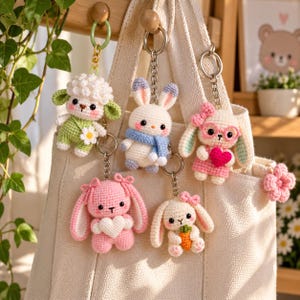 May include: Five crochet keychains attached to a cream-colored canvas tote bag. The charms include a white lamb in green overalls, a white rabbit with a blue scarf, a white rabbit with pink glasses and a heart, a pink rabbit with a heart, and a white rabbit with a carrot.