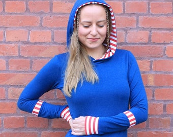 Women's long sleeve shirt blue white red, jersey longsleeve with hood