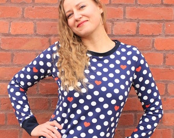 LONG SLEEVE SHIRT DOTS AND HEARTS DARK BLUE, WOMEN LONGSLEEVE COTTON