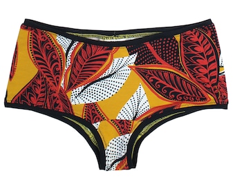 Unterhose florales Muster Baumwolle, Damen Slip, Unterwäsche Blumen ocker schwarz rot weiß, Hipster, Schlüpfer Muster, Mädchen Undie