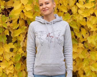 Hoodie maat S / 36 wereldkaart lichtgrijs, dameshoodies, lichtgrijze hoodie, damesmode, mode dames, trui met capuchon