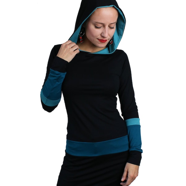 JERSEY KLEID mit KAPUZE, schwarz petrol türkis, Damen Kleider,  Jerseykleid, Kleidung Frau, streetwear Berlin