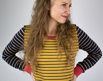 JERSEY ALGODÓN amarillo mostaza azul oscuro, jersey con puños rojos para mujer