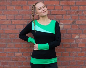 Dames jersey shirt met lange mouwen zwart groen ronde hals lange mouwen