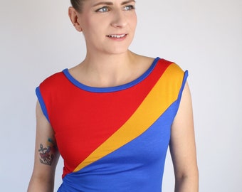 JERSEY TOP BLUE red ochre, ladies shirt asymmetrical