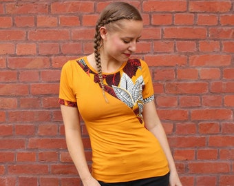 DAMES SHIRT ORANJE, jersey T-shirt, patroon bladeren, made in Germany, kleurrijke damesmode, viscose jersey