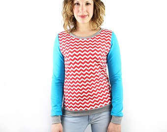 handmade women sweatshirt size S, red turquoise white, cotton sweater woman, womens fashion, unique Berlin streetwear style