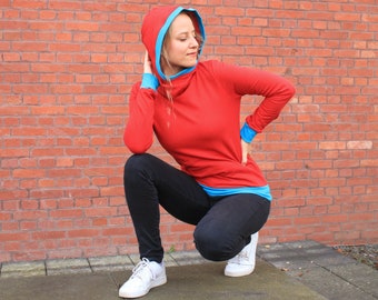 HOODIE RED TURQUOISE cotton, women's sweater with hood