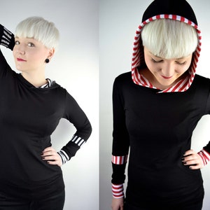 women striped jersey longsleeve, black white red, handmade in Berlin Germany, fair fashion, woman longsleeves