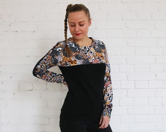 Longsleeve schwarz Ethno Muster Baumwolle