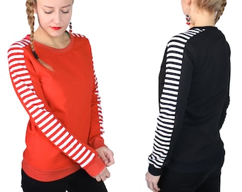 Pull femme rayures coton, XS S M L XL, noir rouge, pull, pull femme, sweat-shirt fait main, chemise à manches longues, haut, mode