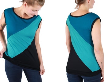 TOP ASYMMETRSICH JERSEY, petrol turquoise black, jersey top, jersey shirt, ladies tops, women's shirt, jersey, handmade