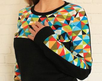 SWEATER size S COTTON black combined with a colorful abstract pattern, handmade special fashion by Jaqueen